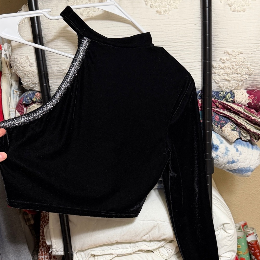 Black One-Shoulder Top with Silver Accents